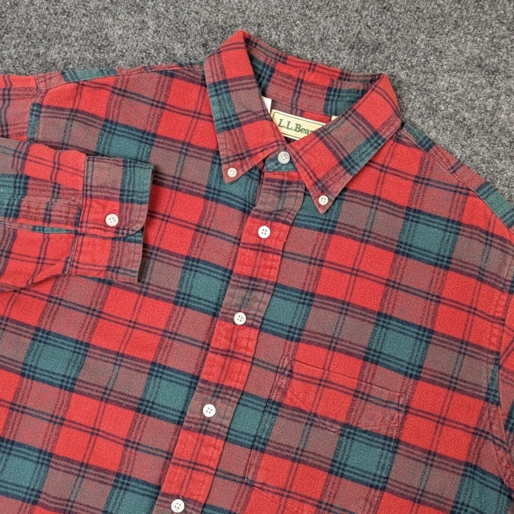 LL Bean Mens Large Flannel Shirt Red Green Plaid Cotton Button Down Long Sleeve